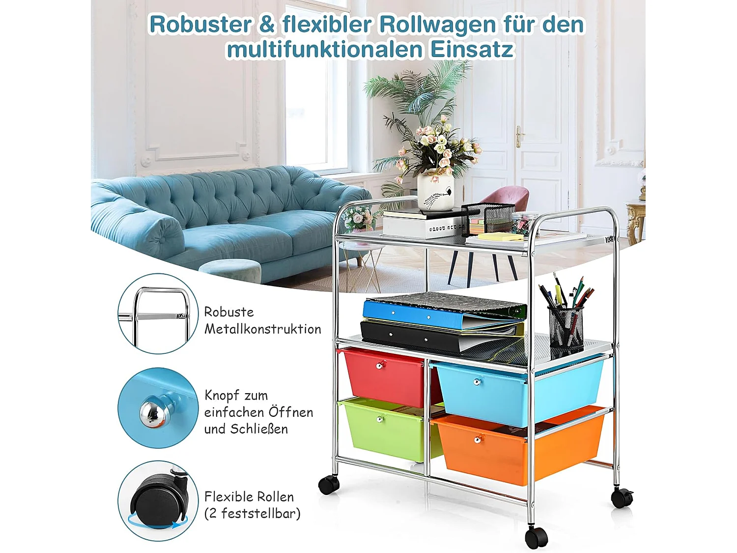 Rolwagen met 4 stapelbare laden, ladewagen, rolcontainer met metalen frame en legplanken, badkamerrolwagen, opbergwagen voor kantoor, woonkamerTI76292