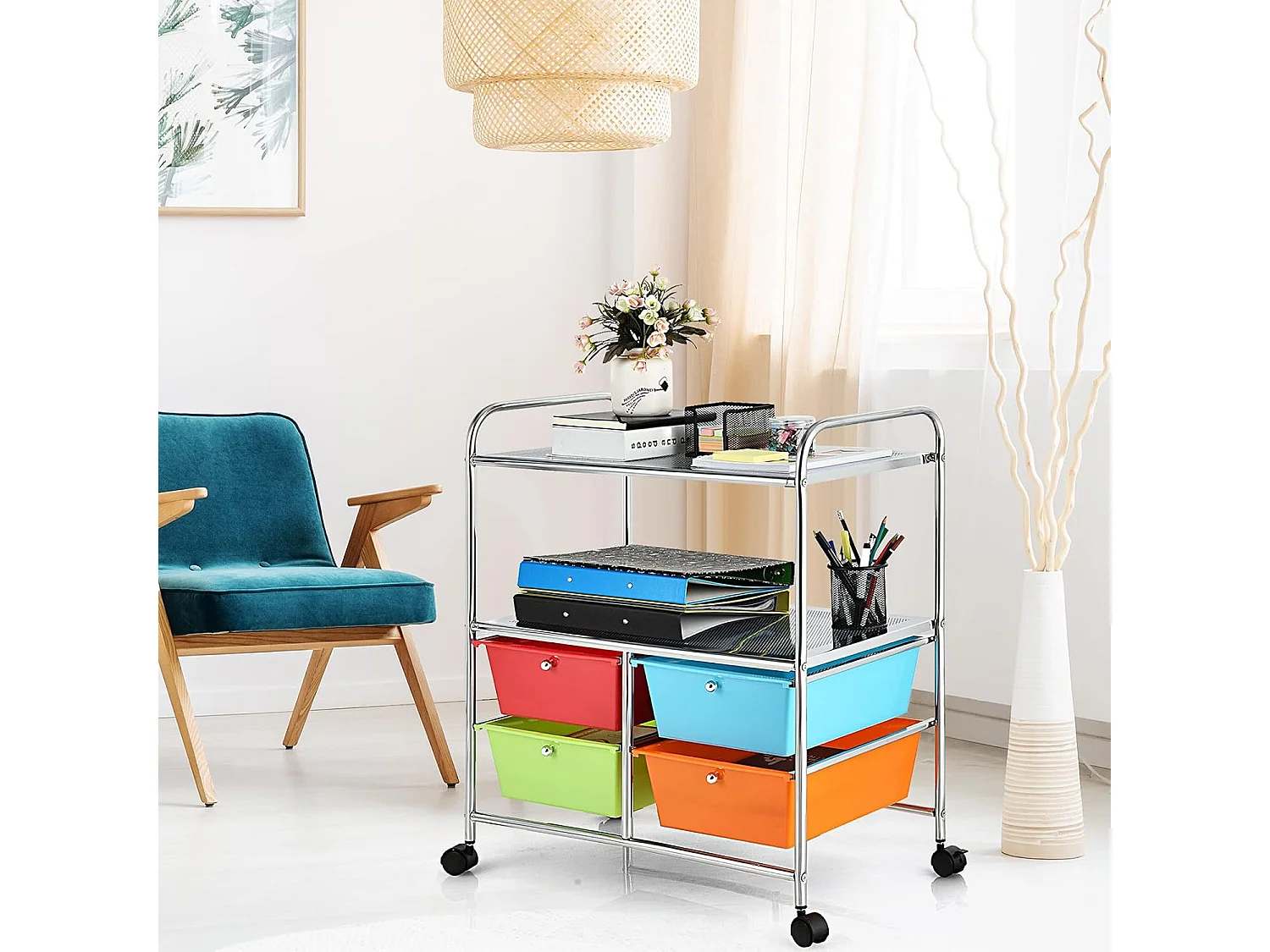 Rolwagen met 4 stapelbare laden, ladewagen, rolcontainer met metalen frame en legplanken, badkamerrolwagen, opbergwagen voor kantoor, woonkamerTI76292