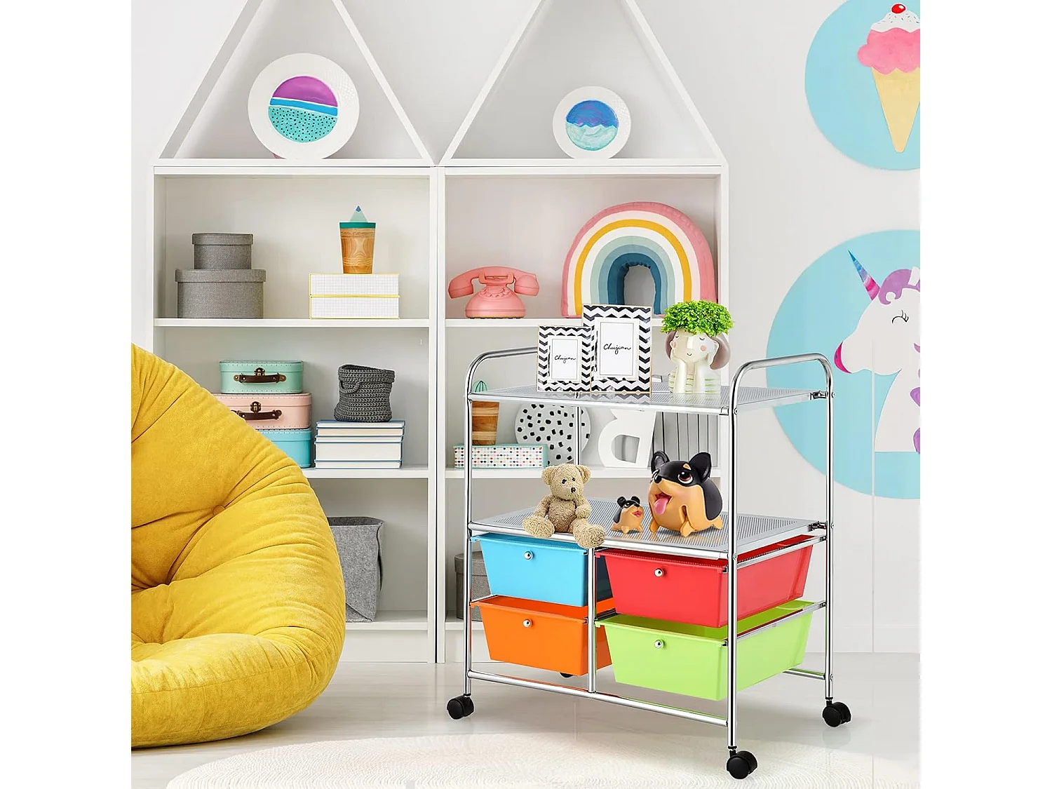 Rolwagen met 4 stapelbare laden, ladewagen, rolcontainer met metalen frame en legplanken, badkamerrolwagen, opbergwagen voor kantoor, woonkamerTI76292