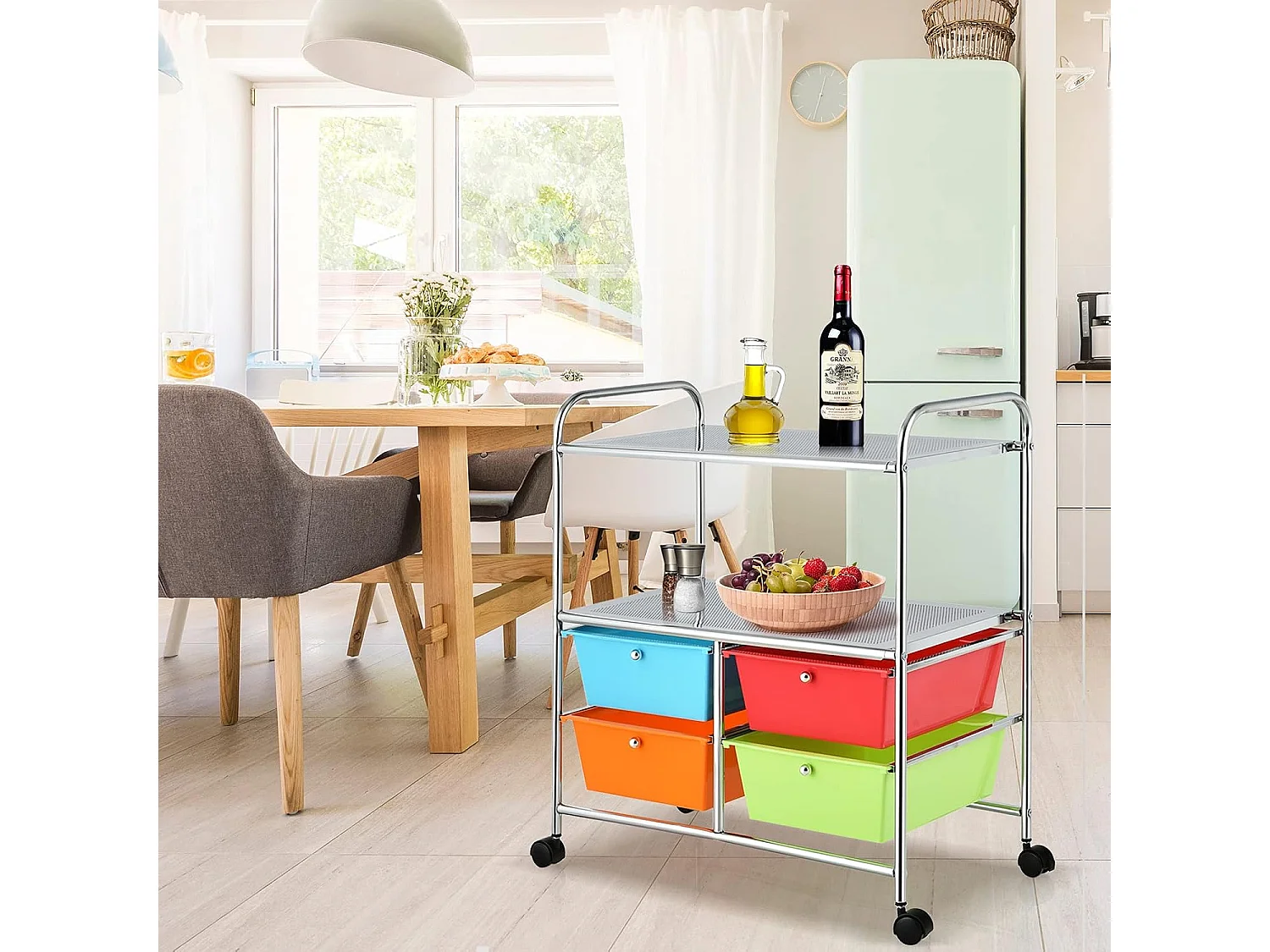 Rolwagen met 4 stapelbare laden, ladewagen, rolcontainer met metalen frame en legplanken, badkamerrolwagen, opbergwagen voor kantoor, woonkamerTI76292