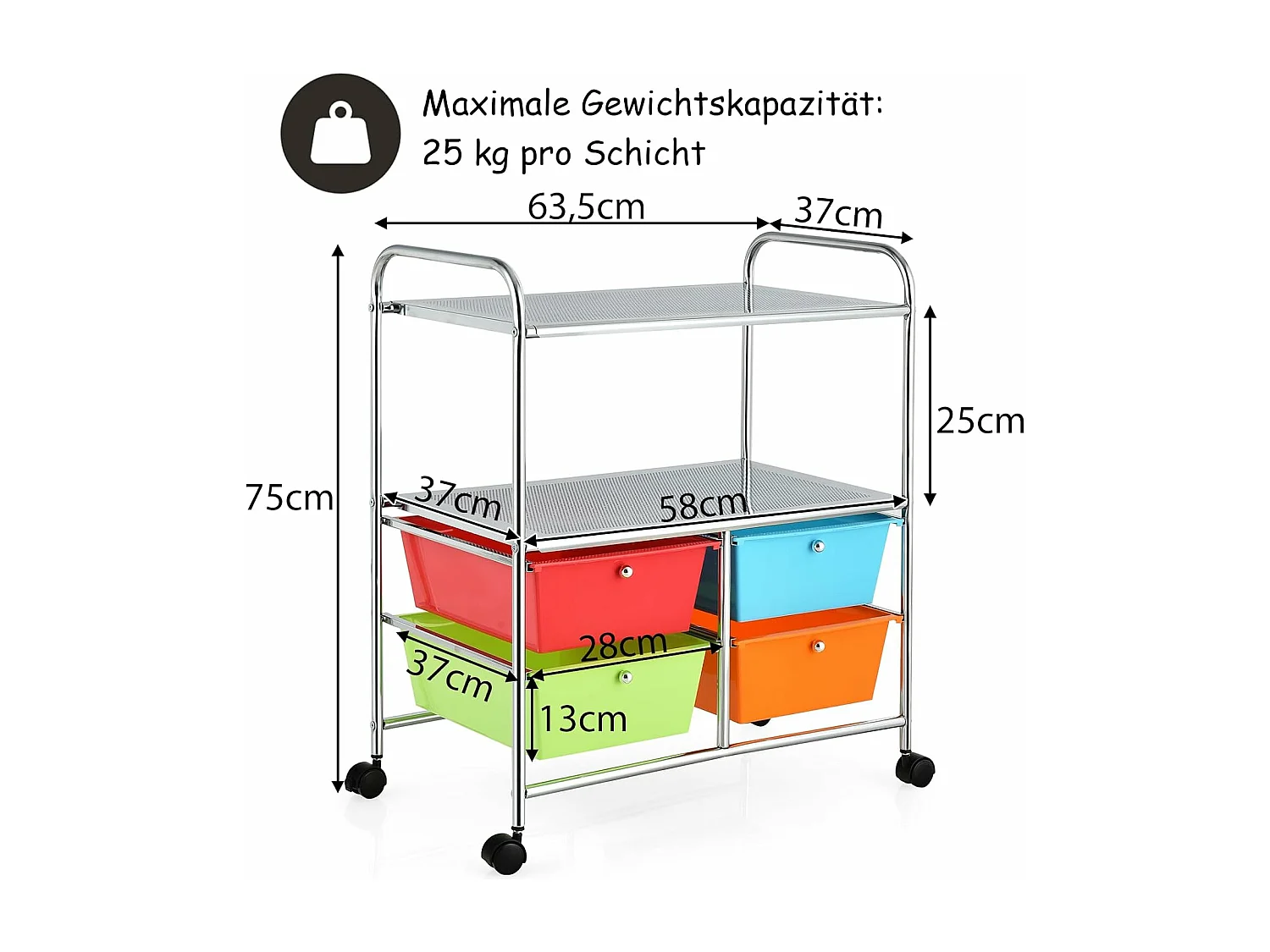 Rolwagen met 4 stapelbare laden, ladewagen, rolcontainer met metalen frame en legplanken, badkamerrolwagen, opbergwagen voor kantoor, woonkamerTI76292
