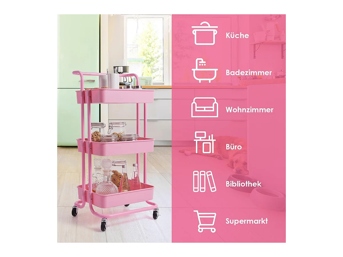 Serveerwagen op wieltjes, mobiele wagen met 3 niveaus en handgreep, metalen rolwagen, 3 roostermanden van kunststof, keukenrolwagen,multifunctionele wagen TI92301