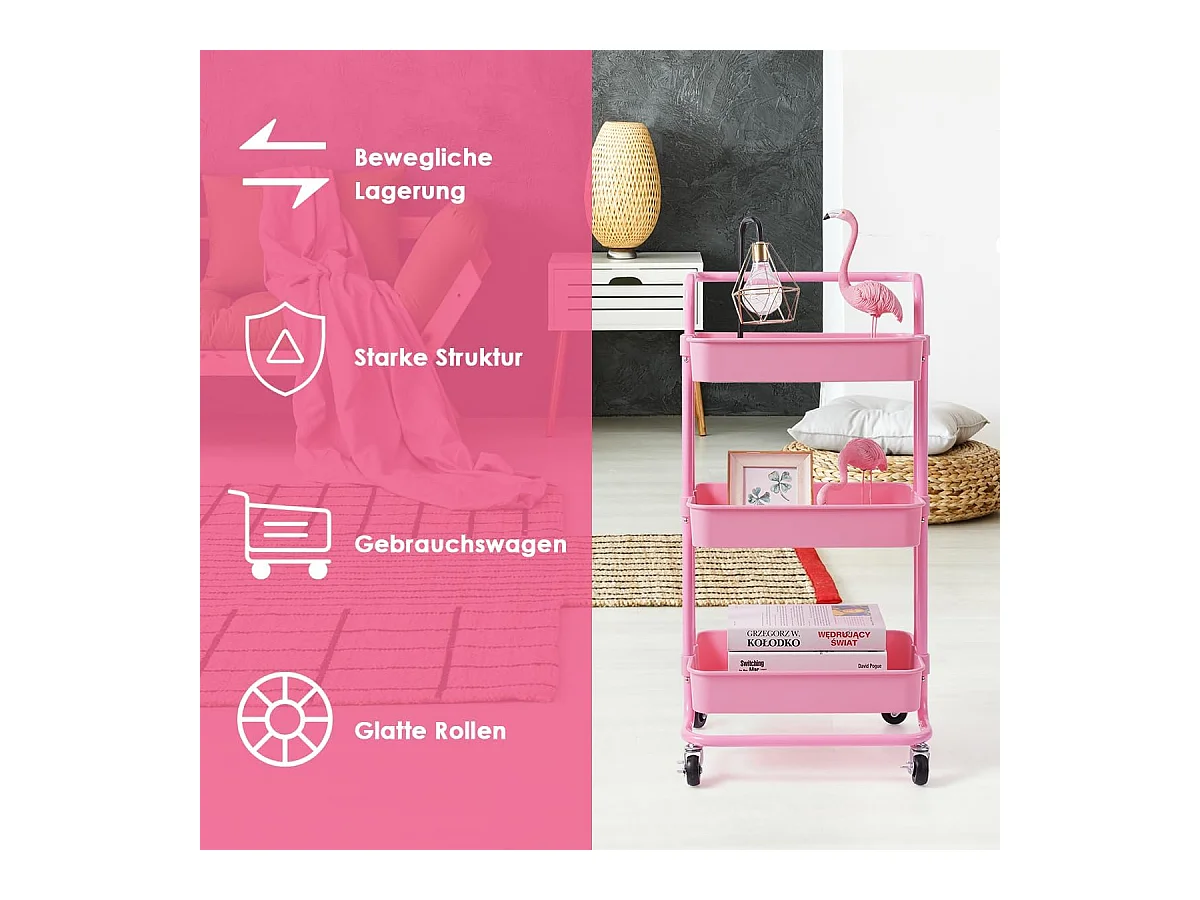 Serveerwagen op wieltjes, mobiele wagen met 3 niveaus en handgreep, metalen rolwagen, 3 roostermanden van kunststof, keukenrolwagen,multifunctionele wagen TI92301