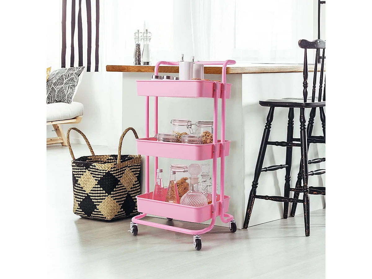 Serveerwagen op wieltjes, mobiele wagen met 3 niveaus en handgreep, metalen rolwagen, 3 roostermanden van kunststof, keukenrolwagen,multifunctionele wagen TI92301