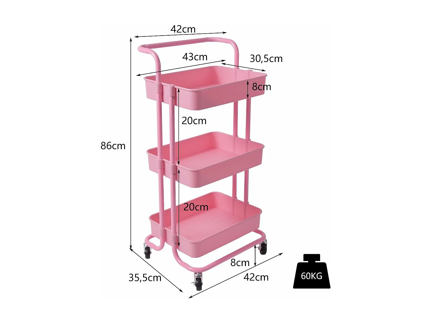 Serveerwagen op wieltjes, mobiele wagen met 3 niveaus en handgreep, metalen rolwagen, 3 roostermanden van kunststof, keukenrolwagen,multifunctionele wagen TI92301