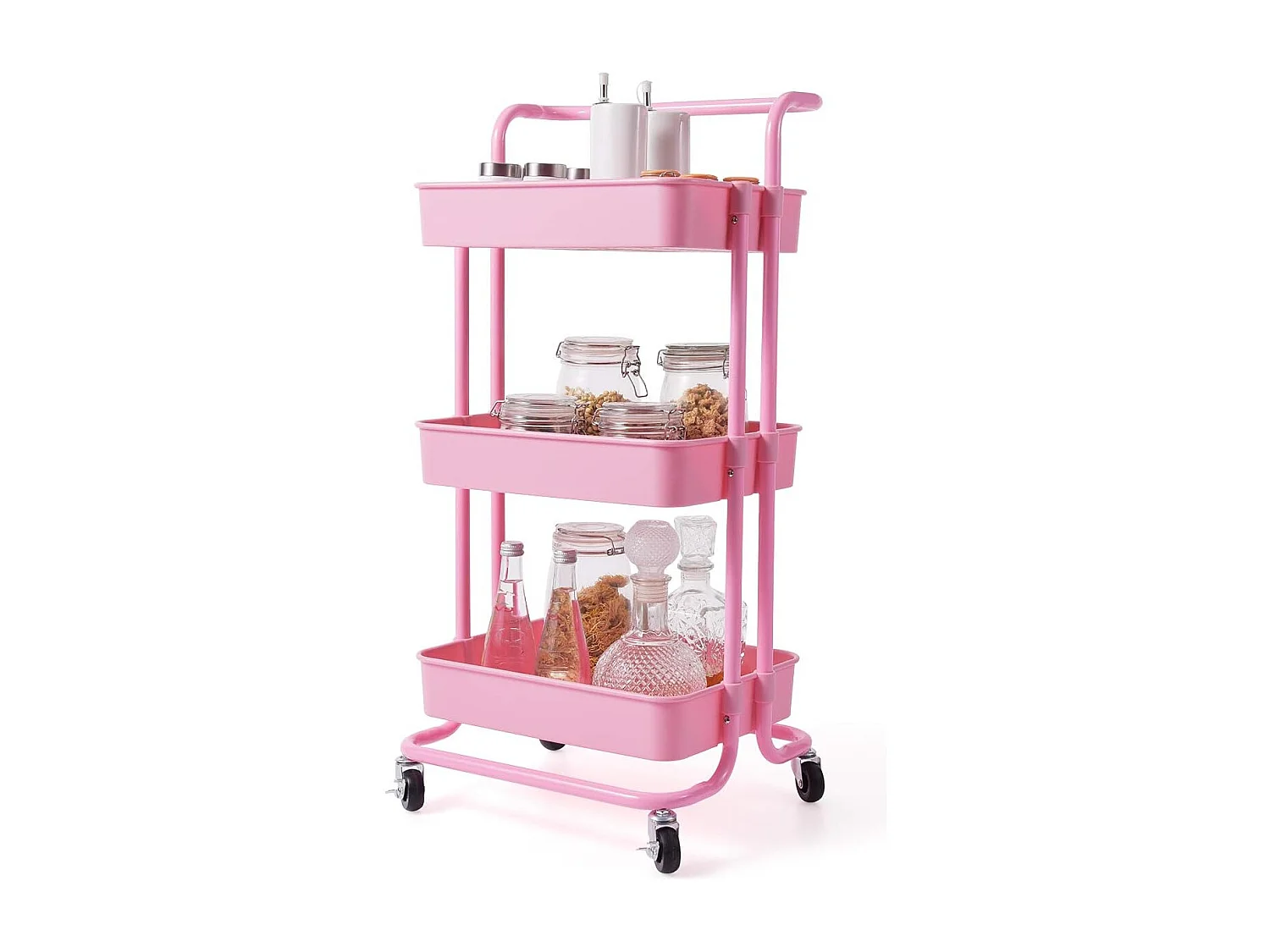 Serveerwagen op wieltjes, mobiele wagen met 3 niveaus en handgreep, metalen rolwagen, 3 roostermanden van kunststof, keukenrolwagen,multifunctionele wagen TI92301