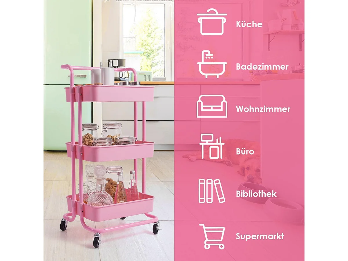 Serveerwagen op wieltjes, mobiele wagen met 3 niveaus en handgreep, metalen rolwagen, 3 roostermanden van kunststof, keukenrolwagen,multifunctionele wagen TI92301