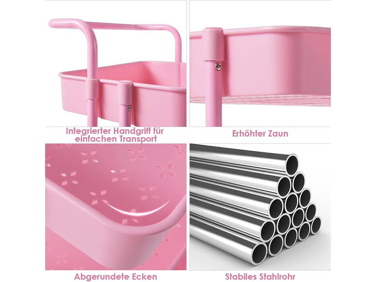 Serveerwagen op wieltjes, mobiele wagen met 3 niveaus en handgreep, metalen rolwagen, 3 roostermanden van kunststof, keukenrolwagen,multifunctionele wagen TI92301