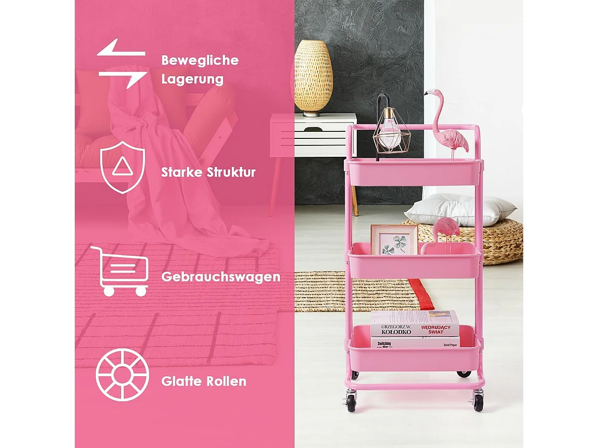 Serveerwagen op wieltjes, mobiele wagen met 3 niveaus en handgreep, metalen rolwagen, 3 roostermanden van kunststof, keukenrolwagen,multifunctionele wagen TI92301
