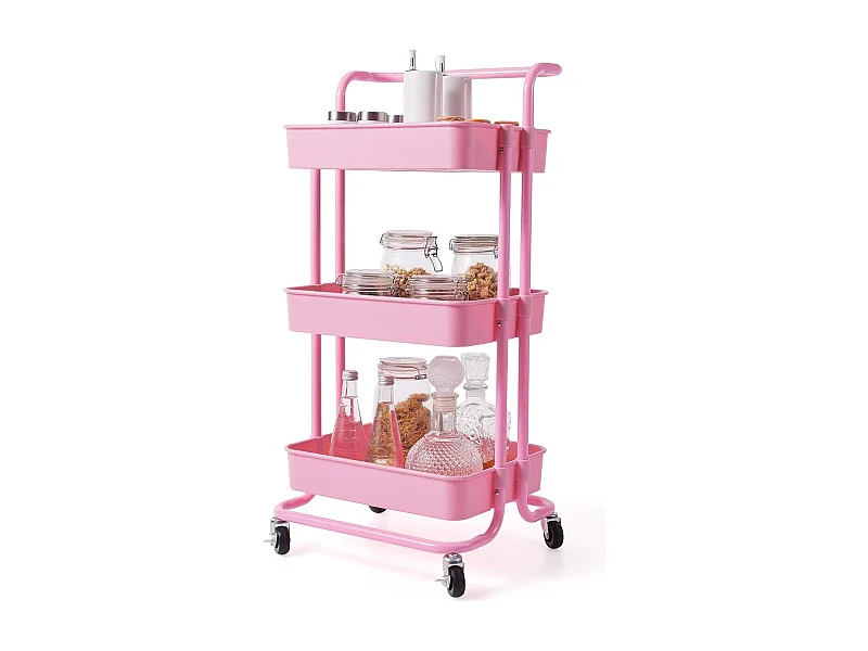 Serveerwagen op wieltjes, mobiele wagen met 3 niveaus en handgreep, metalen rolwagen, 3 roostermanden van kunststof, keukenrolwagen,multifunctionele wagen TI92301