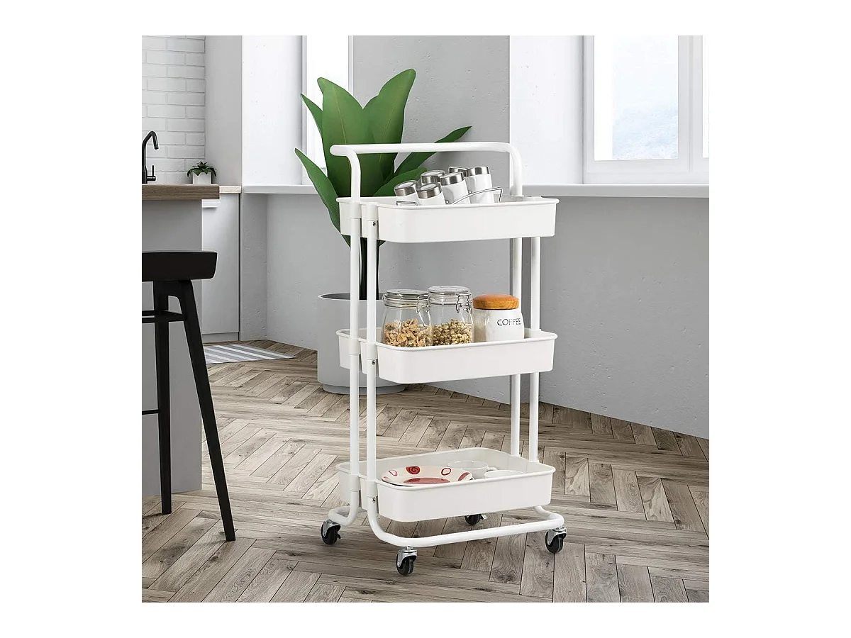 Serveerwagen op wieltjes, mobiele wagen met 3 niveaus en handgreep, metalen rolwagen, 3 roostermanden van kunststof,multifunctionele wagen, voor badkamerTI92301
