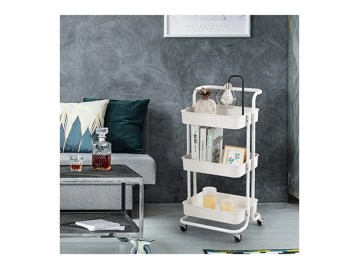 Serveerwagen op wieltjes, mobiele wagen met 3 niveaus en handgreep, metalen rolwagen, 3 roostermanden van kunststof,multifunctionele wagen, voor badkamerTI92301