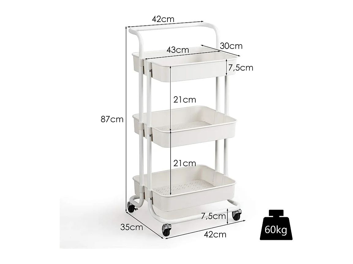 Serveerwagen op wieltjes, mobiele wagen met 3 niveaus en handgreep, metalen rolwagen, 3 roostermanden van kunststof,multifunctionele wagen, voor badkamerTI92301