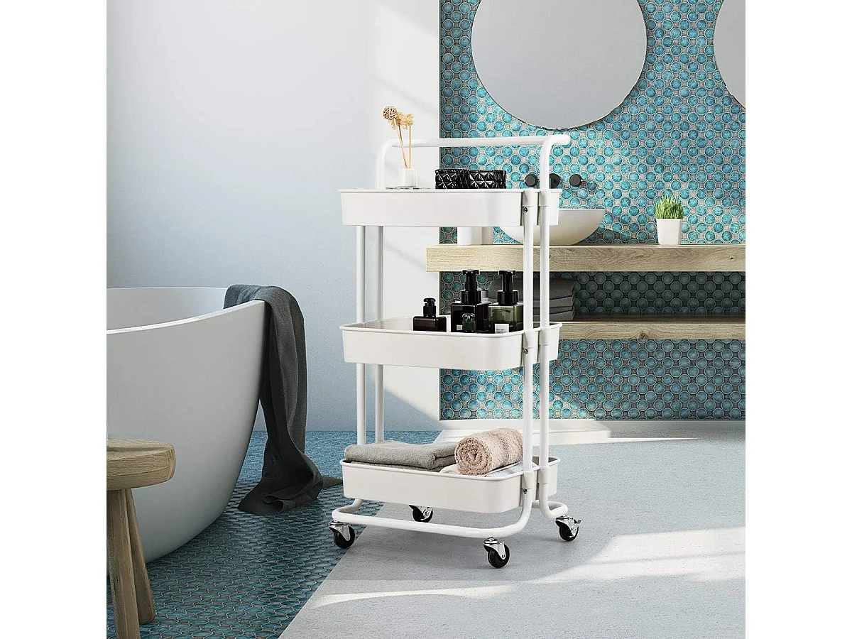 Serveerwagen op wieltjes, mobiele wagen met 3 niveaus en handgreep, metalen rolwagen, 3 roostermanden van kunststof,multifunctionele wagen, voor badkamerTI92301