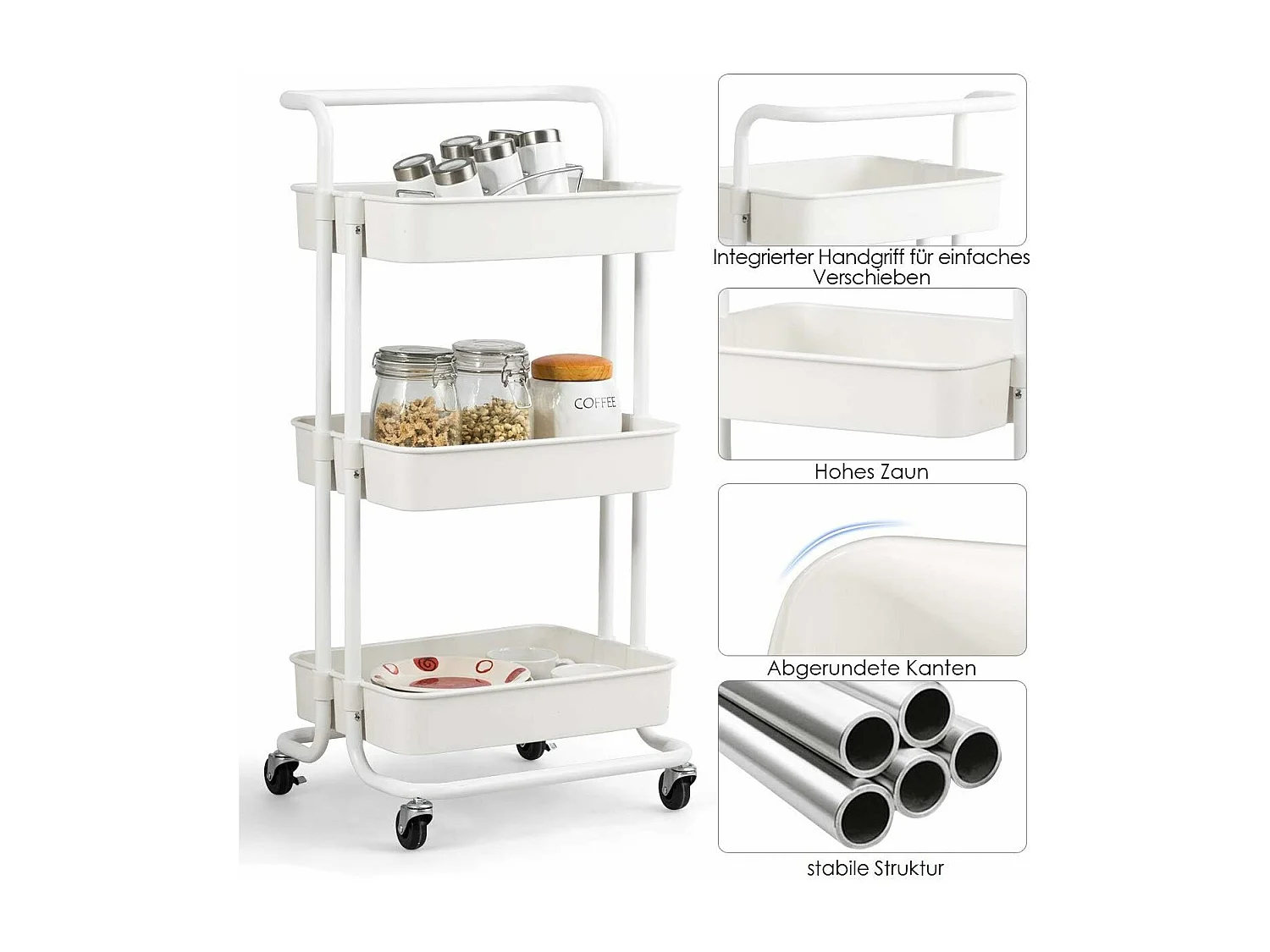 Serveerwagen op wieltjes, mobiele wagen met 3 niveaus en handgreep, metalen rolwagen, 3 roostermanden van kunststof,multifunctionele wagen, voor badkamerTI92301