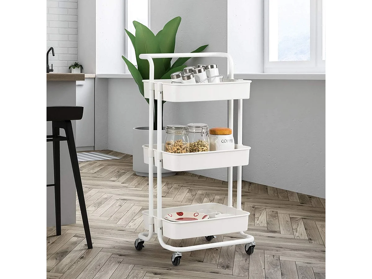 Serveerwagen op wieltjes, mobiele wagen met 3 niveaus en handgreep, metalen rolwagen, 3 roostermanden van kunststof,multifunctionele wagen, voor badkamerTI92301