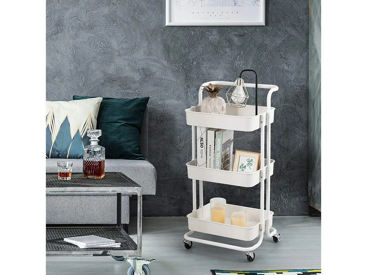 Serveerwagen op wieltjes, mobiele wagen met 3 niveaus en handgreep, metalen rolwagen, 3 roostermanden van kunststof,multifunctionele wagen, voor badkamerTI92301
