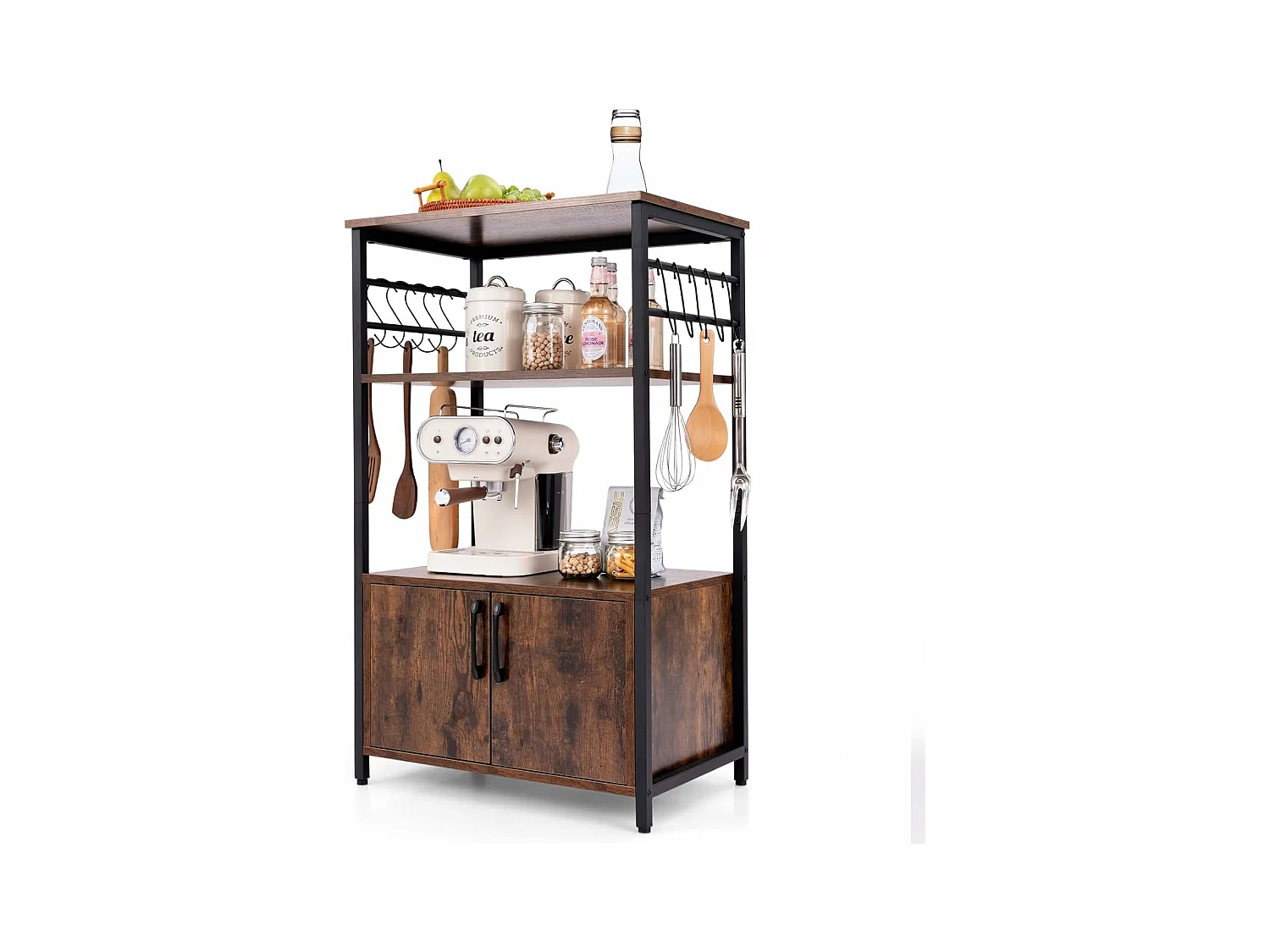 Keukenrek met kast, 3 verdiepingen tellend bakkersrek met 2 open planken en 10 haken, magnetronrek industrieel met metalen frame,60 x 40 x 100 cmVH33031