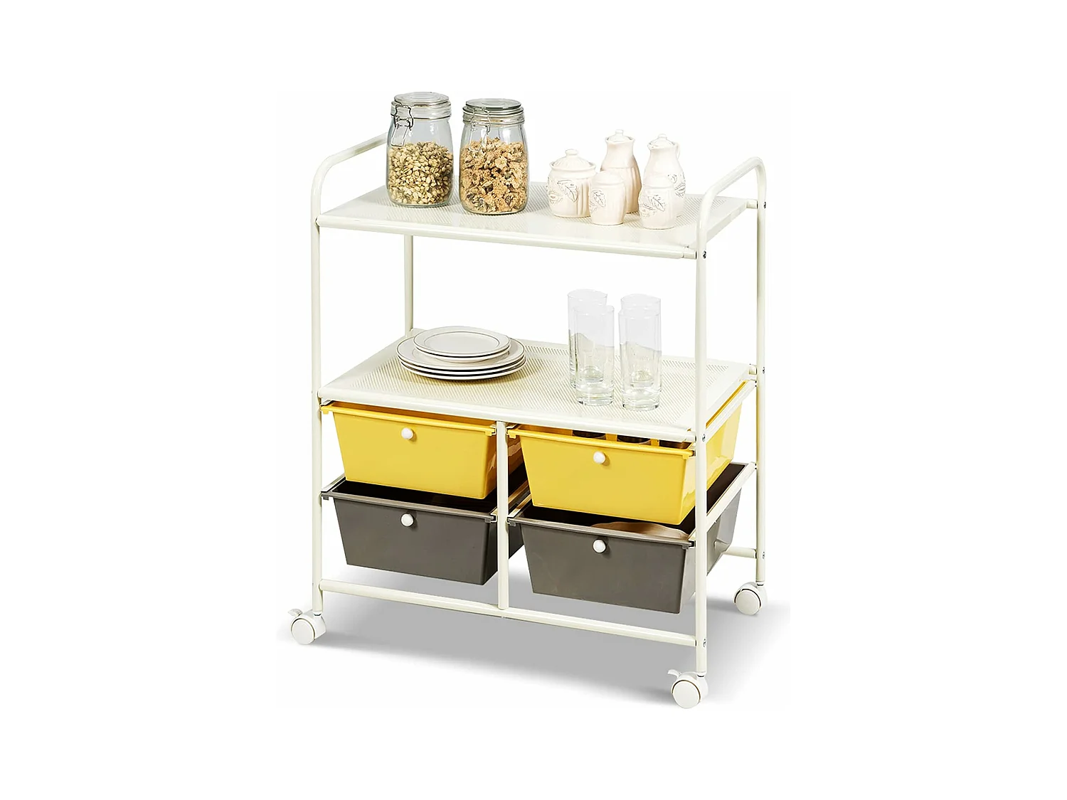 Rolwagen met 4 stapelbare laden, ladewagen, rolcontainer met metalen frame en legplanken, badkamerrolwagen, opbergwagen voor kantoor, woonkamer