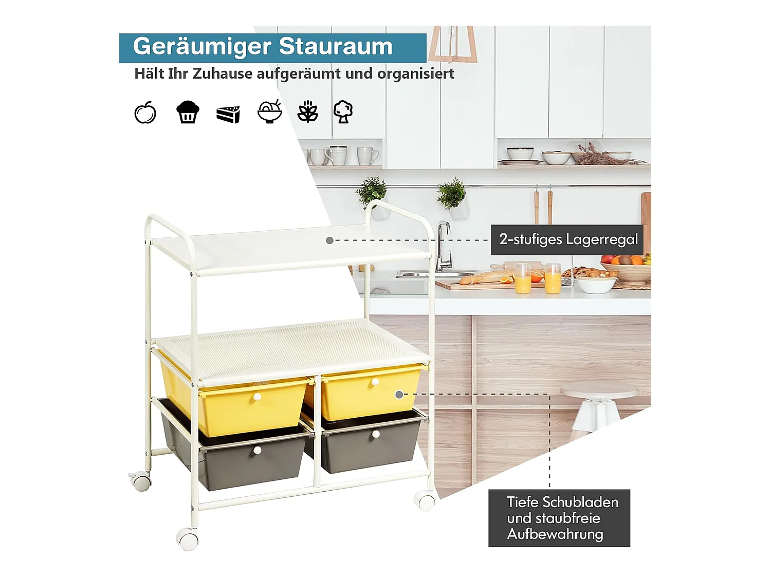 Rolwagen met 4 stapelbare laden, ladewagen, rolcontainer met metalen frame en legplanken, badkamerrolwagen, opbergwagen voor kantoor, woonkamer