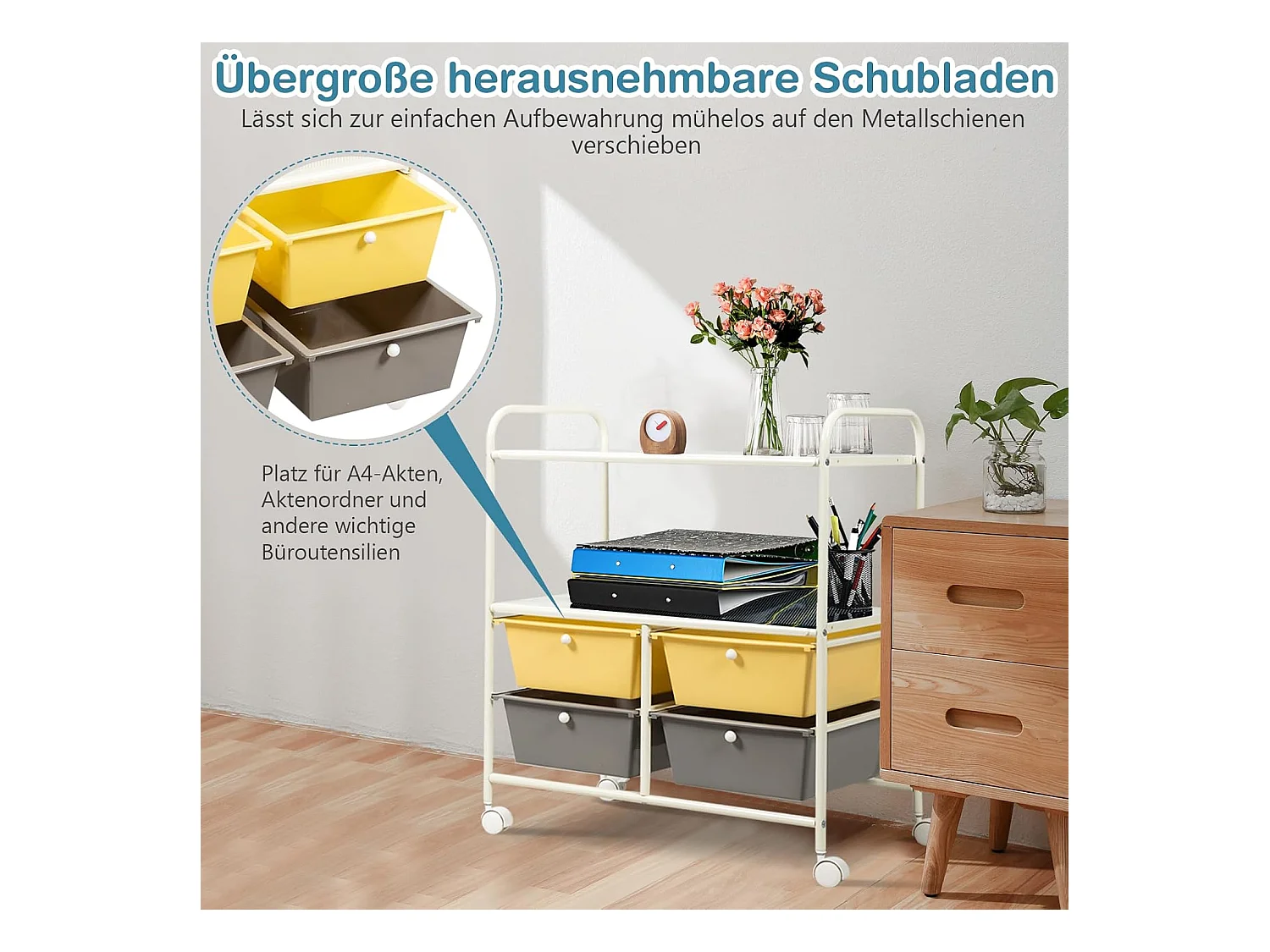 Rolwagen met 4 stapelbare laden, ladewagen, rolcontainer met metalen frame en legplanken, badkamerrolwagen, opbergwagen voor kantoor, woonkamer