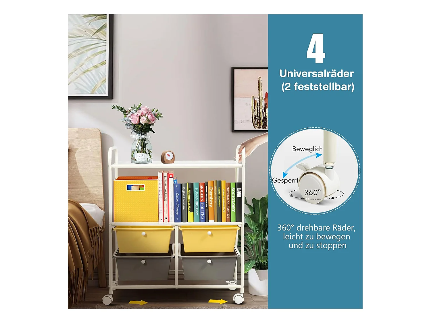 Rolwagen met 4 stapelbare laden, ladewagen, rolcontainer met metalen frame en legplanken, badkamerrolwagen, opbergwagen voor kantoor, woonkamer