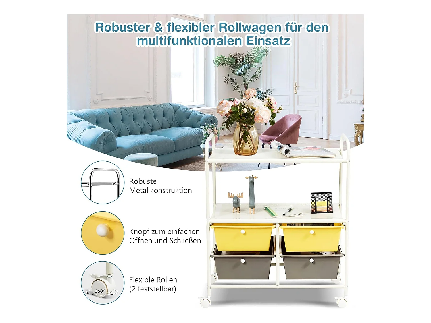 Rolwagen met 4 stapelbare laden, ladewagen, rolcontainer met metalen frame en legplanken, badkamerrolwagen, opbergwagen voor kantoor, woonkamer