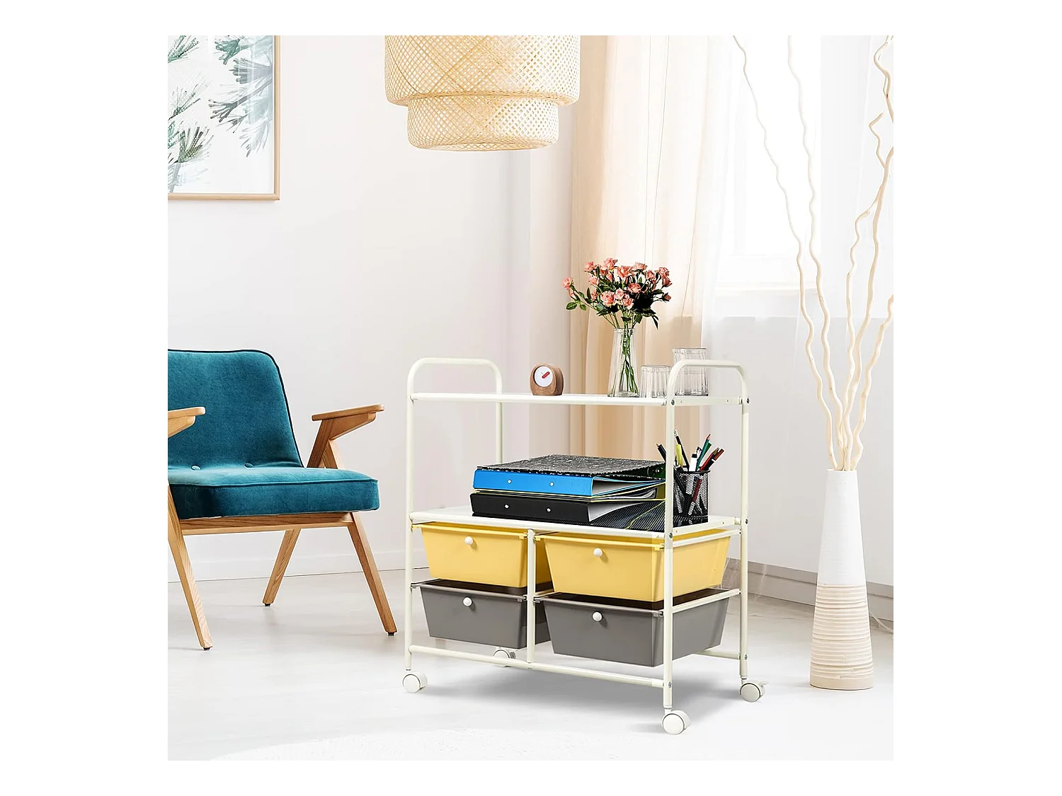 Rolwagen met 4 stapelbare laden, ladewagen, rolcontainer met metalen frame en legplanken, badkamerrolwagen, opbergwagen voor kantoor, woonkamer