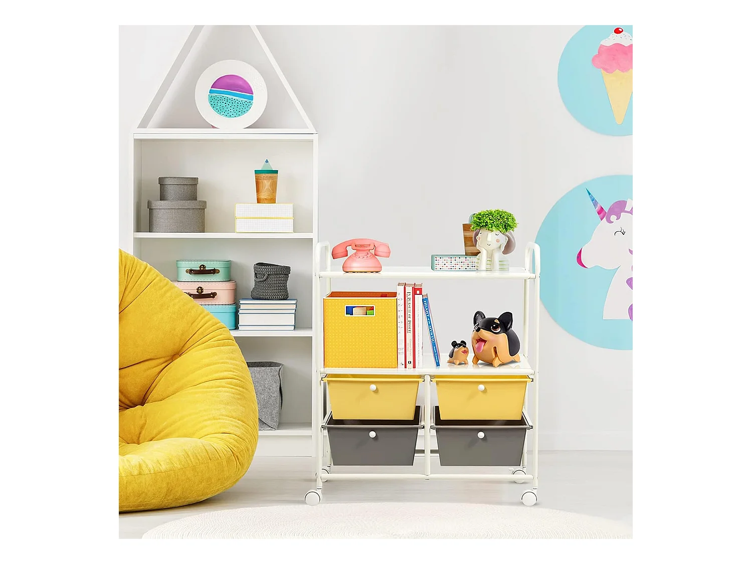 Rolwagen met 4 stapelbare laden, ladewagen, rolcontainer met metalen frame en legplanken, badkamerrolwagen, opbergwagen voor kantoor, woonkamer