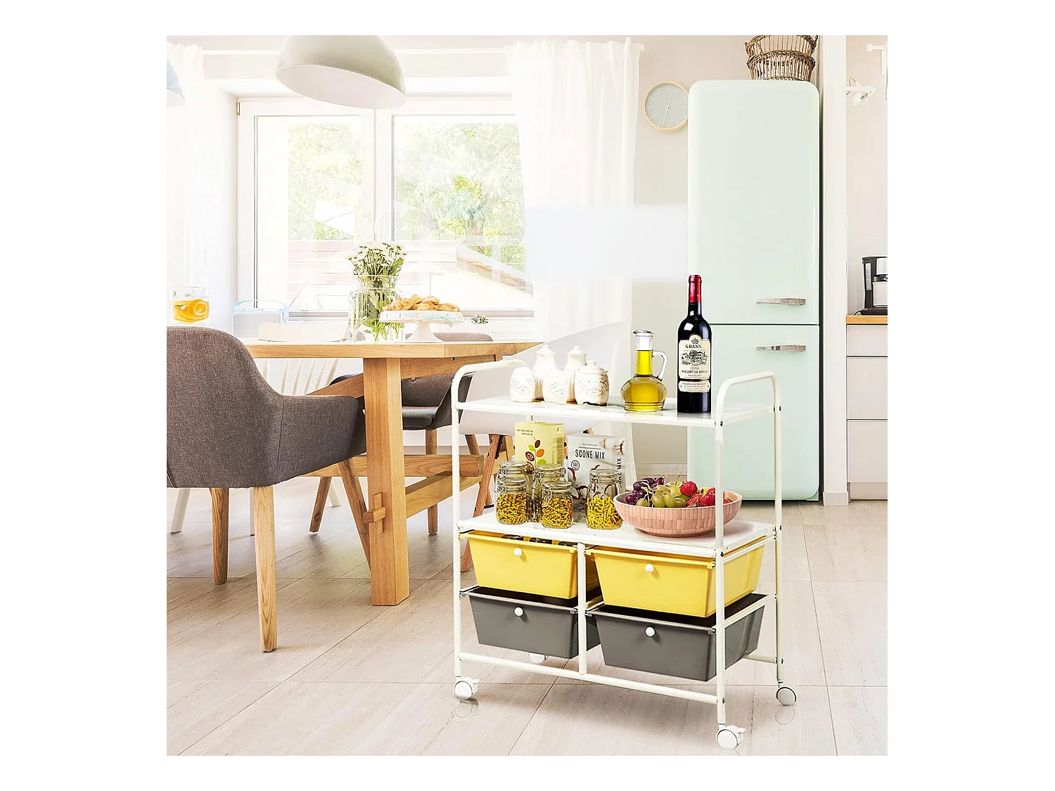 Rolwagen met 4 stapelbare laden, ladewagen, rolcontainer met metalen frame en legplanken, badkamerrolwagen, opbergwagen voor kantoor, woonkamer