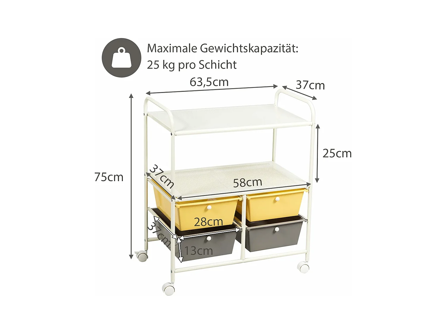 Rolwagen met 4 stapelbare laden, ladewagen, rolcontainer met metalen frame en legplanken, badkamerrolwagen, opbergwagen voor kantoor, woonkamer