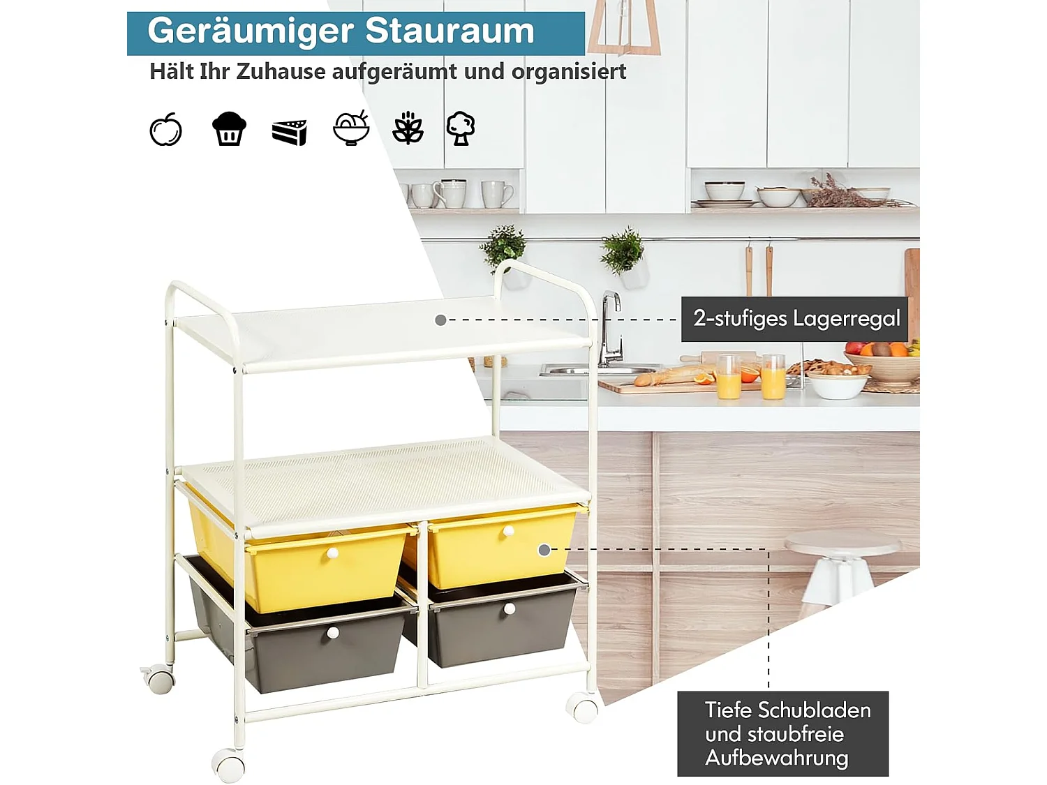 Rolwagen met 4 stapelbare laden, ladewagen, rolcontainer met metalen frame en legplanken, badkamerrolwagen, opbergwagen voor kantoor, woonkamer