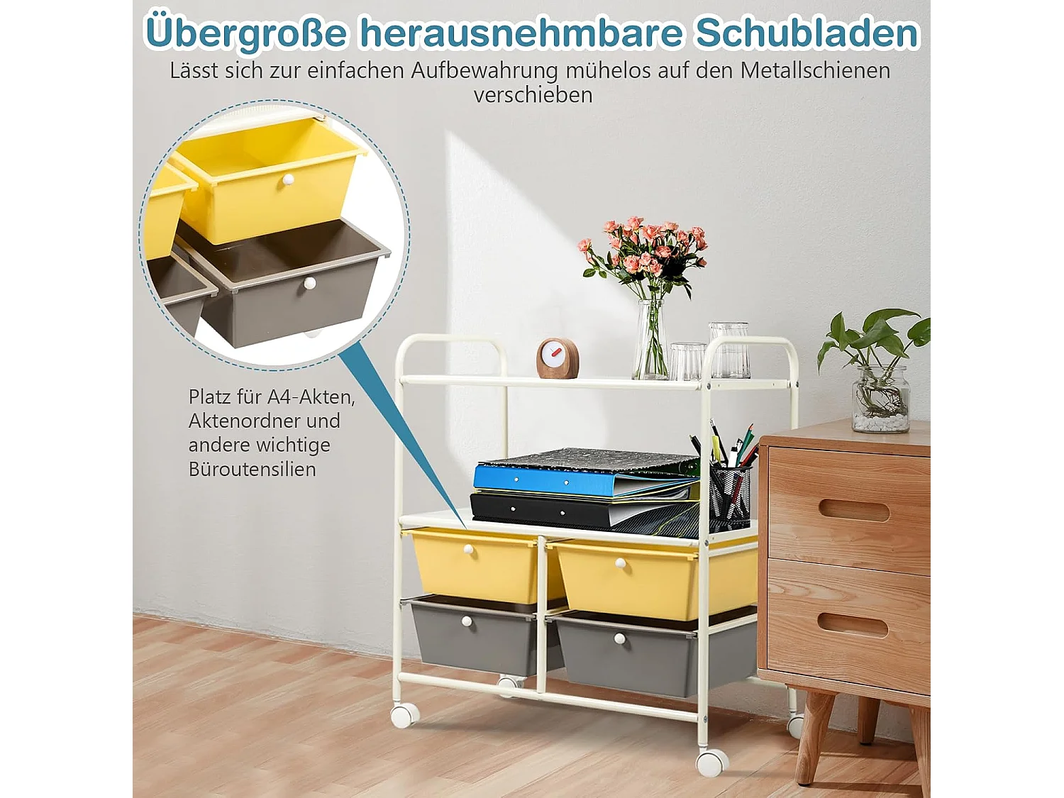 Rolwagen met 4 stapelbare laden, ladewagen, rolcontainer met metalen frame en legplanken, badkamerrolwagen, opbergwagen voor kantoor, woonkamer