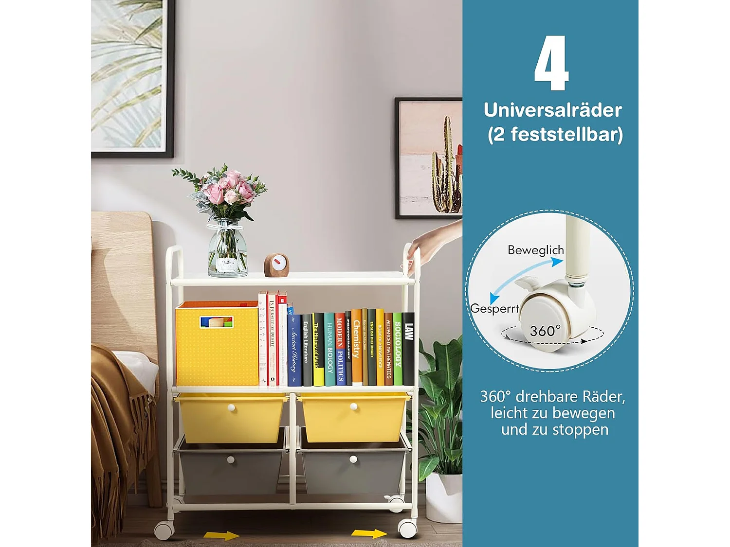 Rolwagen met 4 stapelbare laden, ladewagen, rolcontainer met metalen frame en legplanken, badkamerrolwagen, opbergwagen voor kantoor, woonkamer