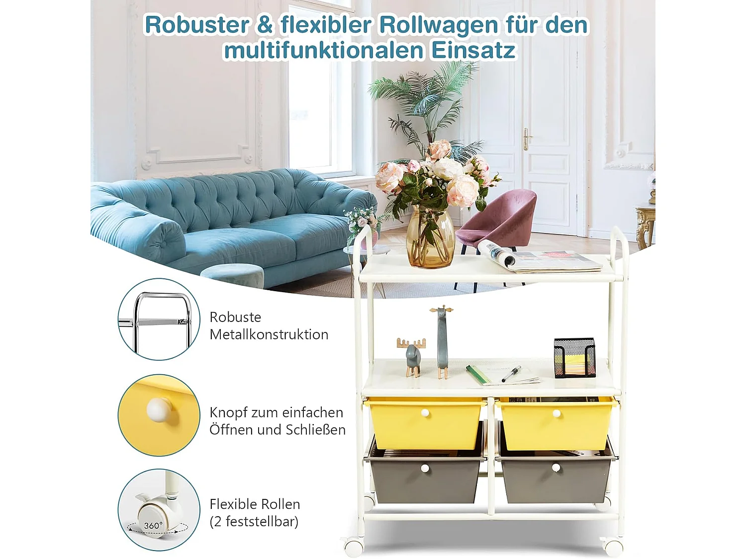 Rolwagen met 4 stapelbare laden, ladewagen, rolcontainer met metalen frame en legplanken, badkamerrolwagen, opbergwagen voor kantoor, woonkamer