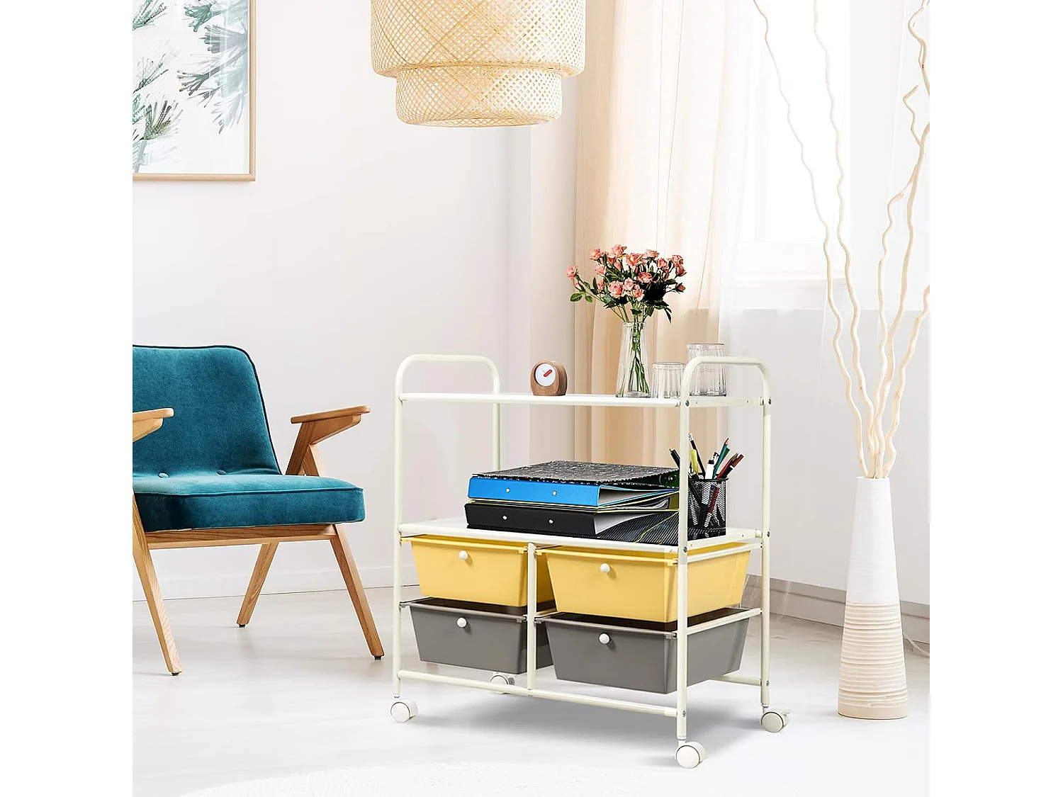 Rolwagen met 4 stapelbare laden, ladewagen, rolcontainer met metalen frame en legplanken, badkamerrolwagen, opbergwagen voor kantoor, woonkamer