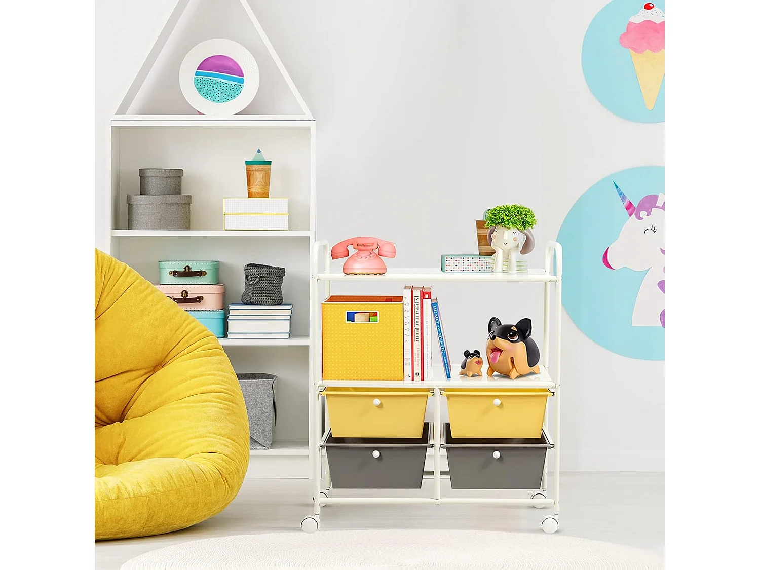 Rolwagen met 4 stapelbare laden, ladewagen, rolcontainer met metalen frame en legplanken, badkamerrolwagen, opbergwagen voor kantoor, woonkamer