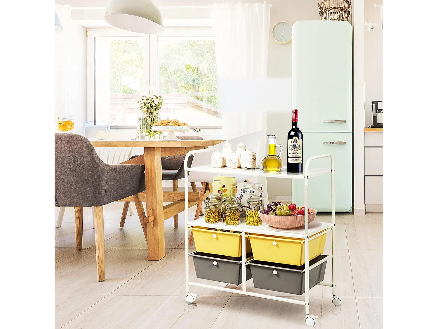 Rolwagen met 4 stapelbare laden, ladewagen, rolcontainer met metalen frame en legplanken, badkamerrolwagen, opbergwagen voor kantoor, woonkamer