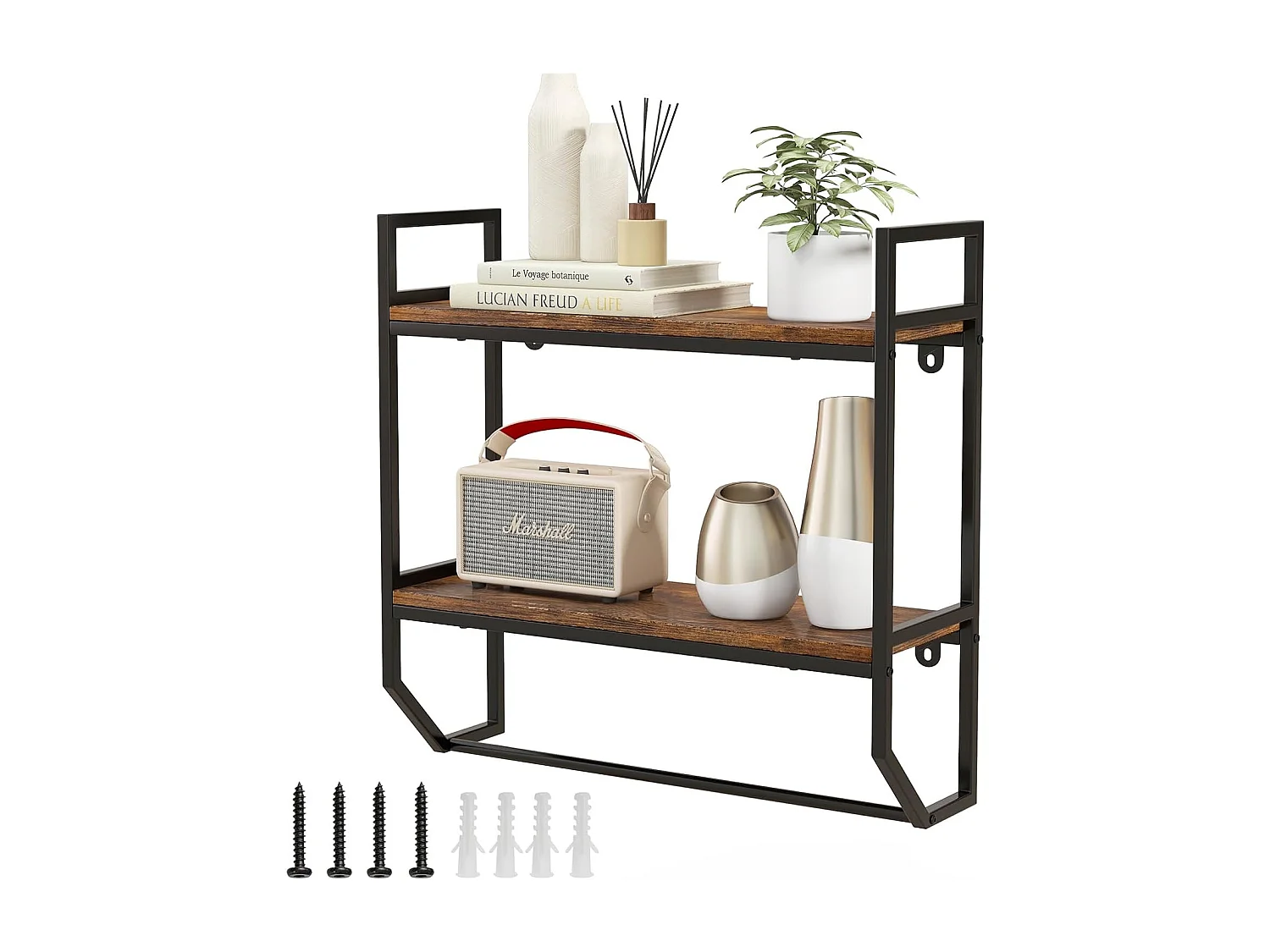 Wandrek, boekenkast, zwevend rek van hout met metalen frame, 2 niveaus, ideaal voor woonkamer, keuken en badkamer, industrieel