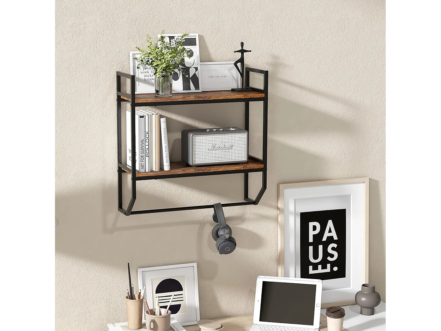 Wandrek, boekenkast, zwevend rek van hout met metalen frame, 2 niveaus, ideaal voor woonkamer, keuken en badkamer, industrieel