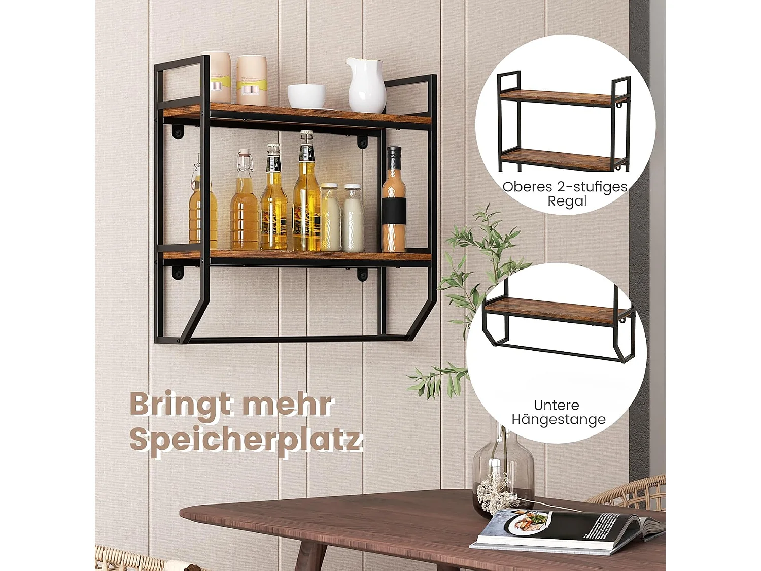 Wandrek, boekenkast, zwevend rek van hout met metalen frame, 2 niveaus, ideaal voor woonkamer, keuken en badkamer, industrieel