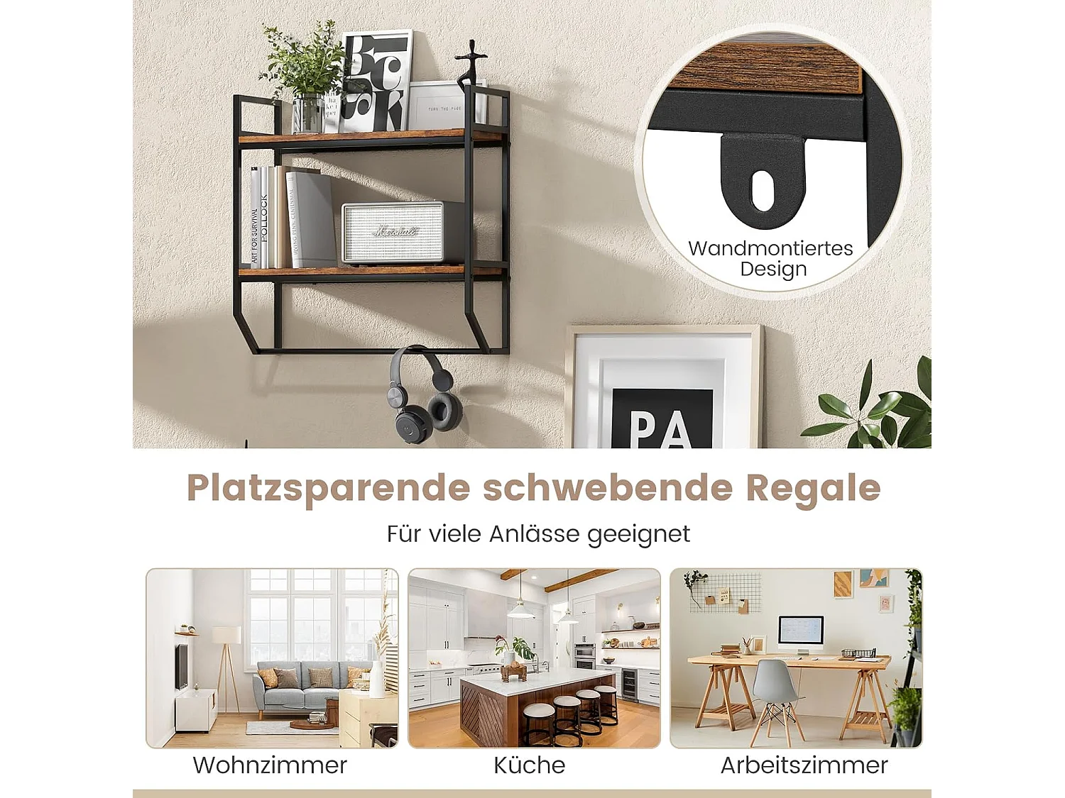 Wandrek, boekenkast, zwevend rek van hout met metalen frame, 2 niveaus, ideaal voor woonkamer, keuken en badkamer, industrieel