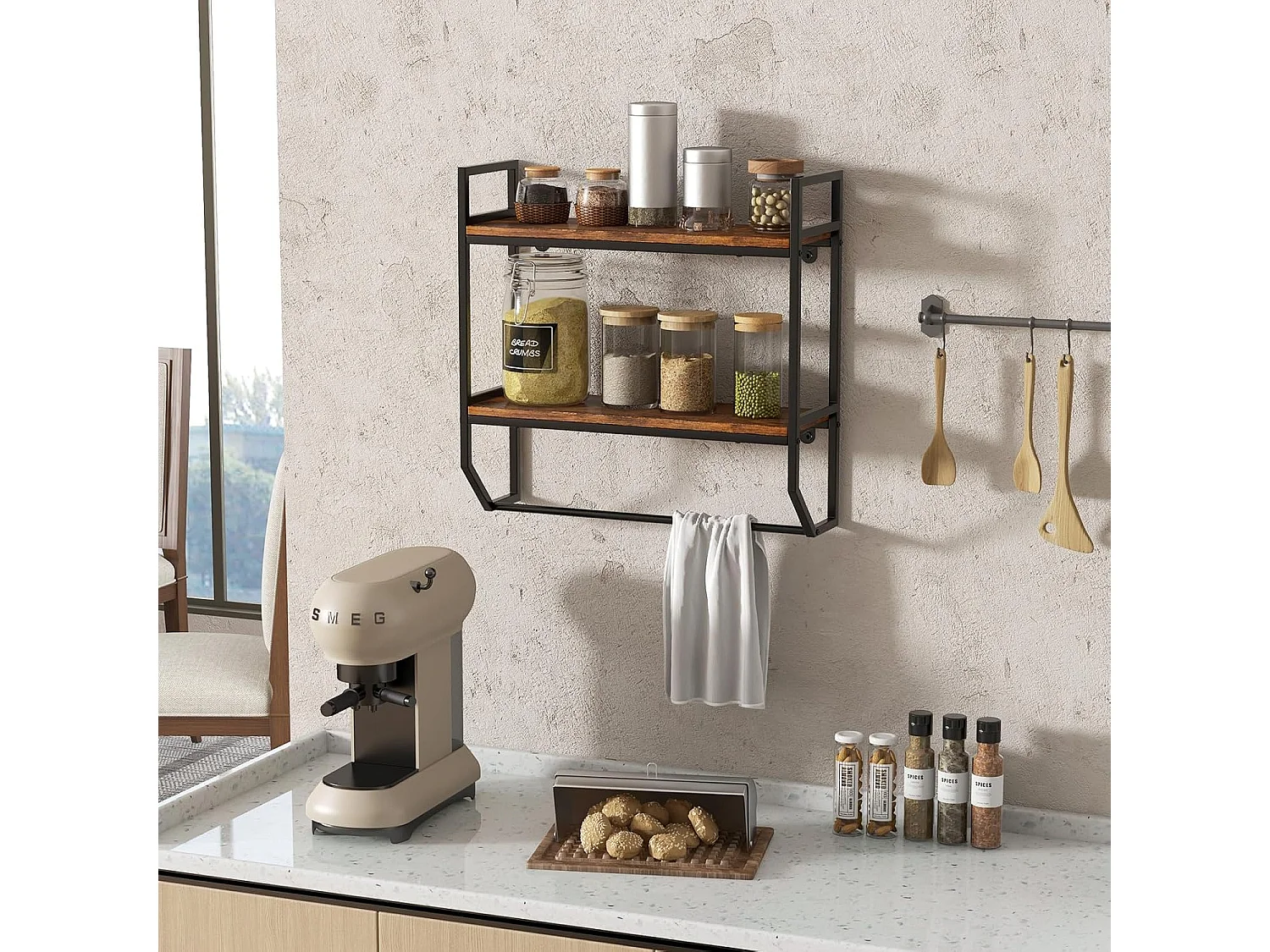 Wandrek, boekenkast, zwevend rek van hout met metalen frame, 2 niveaus, ideaal voor woonkamer, keuken en badkamer, industrieel