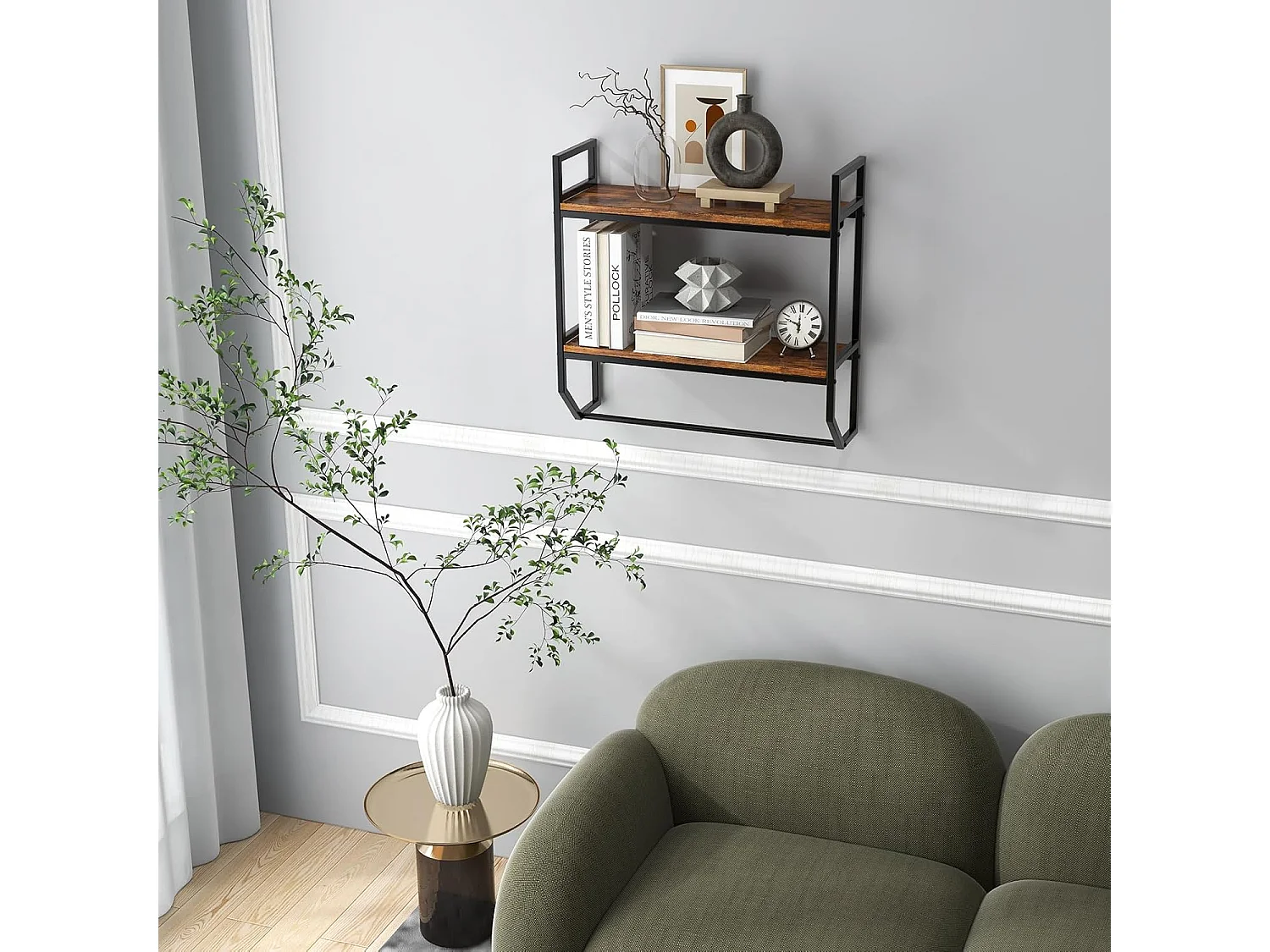 Wandrek, boekenkast, zwevend rek van hout met metalen frame, 2 niveaus, ideaal voor woonkamer, keuken en badkamer, industrieel