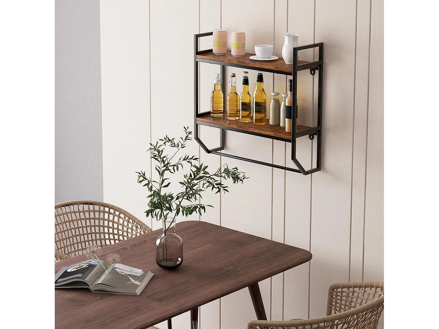 Wandrek, boekenkast, zwevend rek van hout met metalen frame, 2 niveaus, ideaal voor woonkamer, keuken en badkamer, industrieel