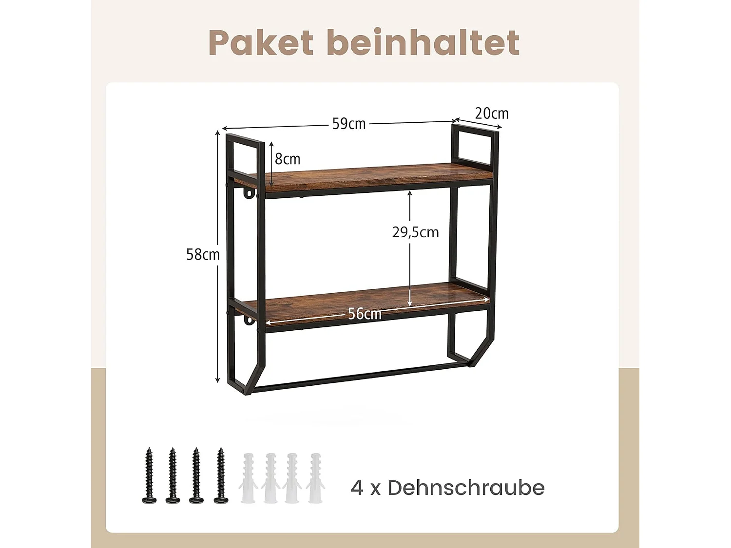 Wandrek, boekenkast, zwevend rek van hout met metalen frame, 2 niveaus, ideaal voor woonkamer, keuken en badkamer, industrieel
