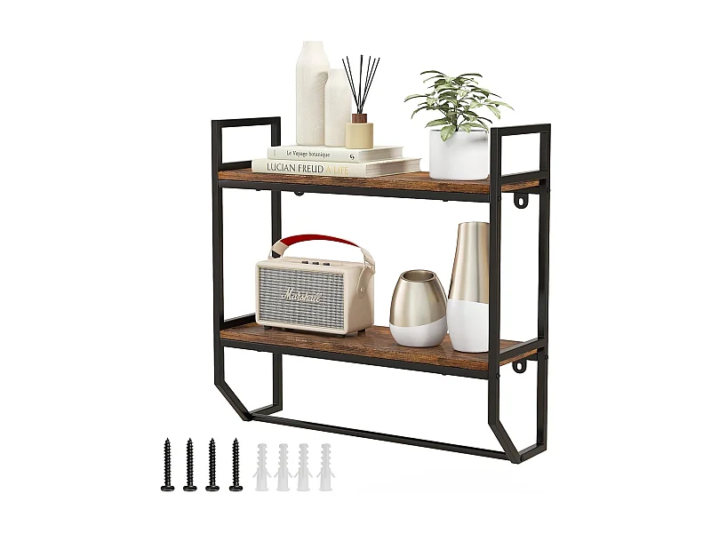 Wandrek, boekenkast, zwevend rek van hout met metalen frame, 2 niveaus, ideaal voor woonkamer, keuken en badkamer, industrieel