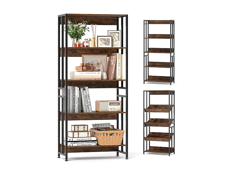 Boekenkast met 5 niveaus, staand rek met kantelbare planken, industrieel rek met metalen frame voor woonkamer, slaapkamer, werkkamer, 70 x 35 x 157 cmVH33420