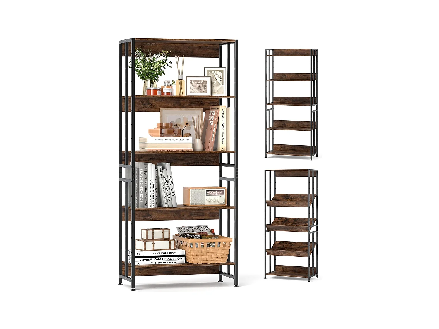 Boekenkast met 5 niveaus, staand rek met kantelbare planken, industrieel rek met metalen frame voor woonkamer, slaapkamer, werkkamer, 70 x 35 x 157 cmVH33420