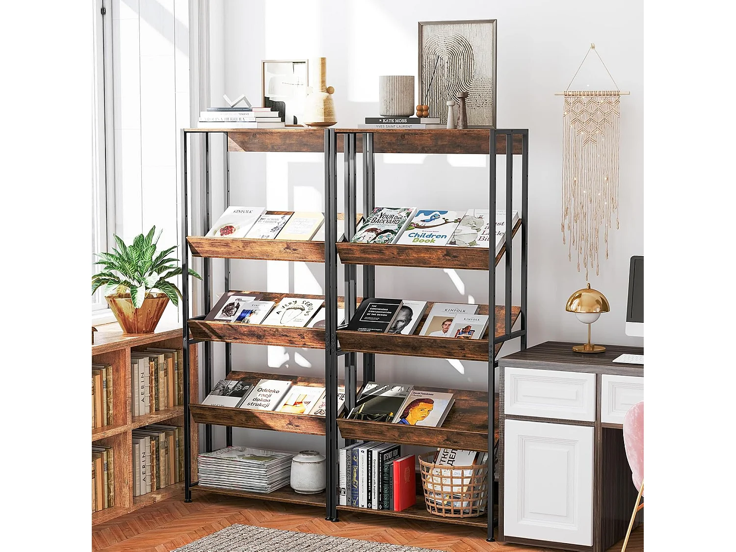 Boekenkast met 5 niveaus, staand rek met kantelbare planken, industrieel rek met metalen frame voor woonkamer, slaapkamer, werkkamer, 70 x 35 x 157 cmVH33420